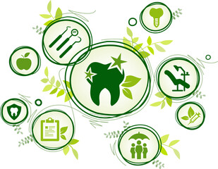 Holistic dentistry vector illustration. Green concept with icons related to oral health, dental or teeth treatment / eco-friendly, non-toxic materials, ecologically sustainable, fluoride-free practice