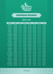 Naklejka premium Ramadan Imsakia 2026 Toronto Prayer Times Schedule
