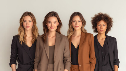 Diverse team of professional business women in corporate attire. Concept of leadership, success, and inclusion. Group of empowered multiethnic female colleagues in a modern office setting.