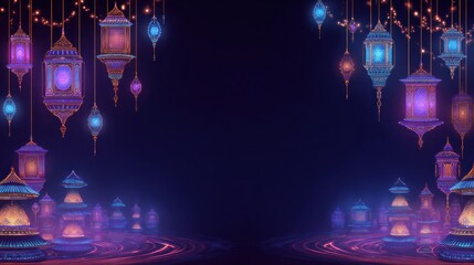 Decorative lanterns with lights illuminating a dark night background