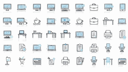 Collection of various office workstations and computer setups in a grid layout with blue and black illustrations