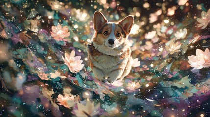 Corgi in a dreamlike floral environment artistic illustration design