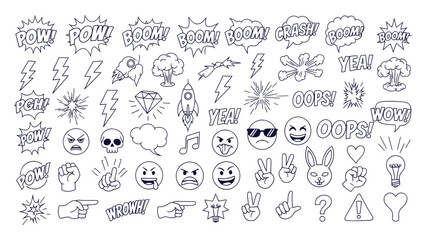 Fototapeta premium Outline Doodle Comic Book Symbols Lightning Emoticons Pow Boom Crash Vector Graphics Set