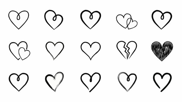 Collection of various hand drawn heart shapes in different styles and patterns on a white background high quality