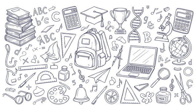 Detailed Hand Drawn School Education Doodle Pattern Vector Collection Science Math Art Symbols