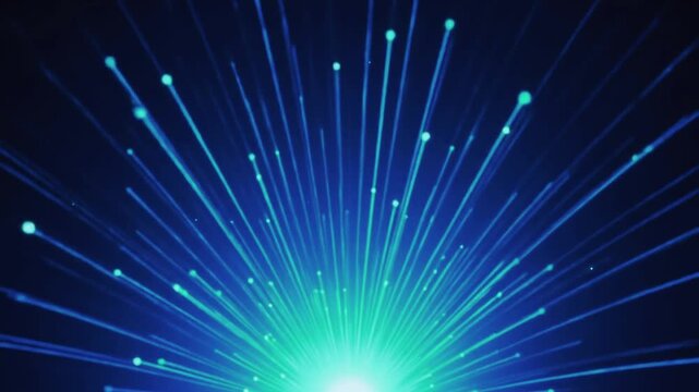 Glowing Blue and Green Fiber Optic Strands Exploding Outward
