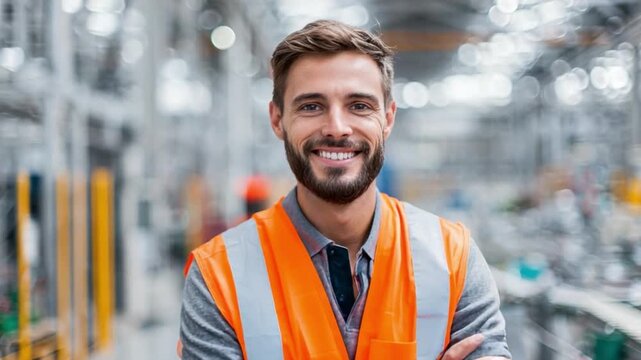 Smiling Factory Worker: A confident factory worker, clad in an orange safety vest, radiates positivity. Captured in the environment.