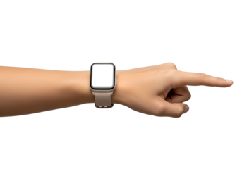 A persons arm wearing a smartwatch on transparent background pointing finger
