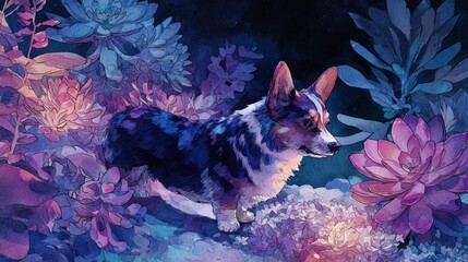 Dog among flowers digital illustration in watercolor style artistic composition