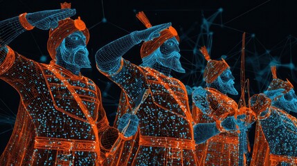 Digitally rendered warriors saluting in formation with swords and helmets