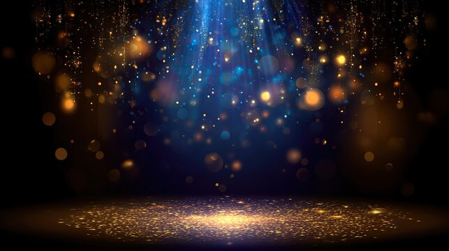 Dark blue and gold background with bokeh lights and glittering particles, depth of field effect creating festive celebration atmosphere for christmas and other events