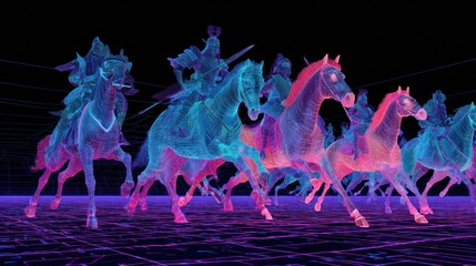 Digitally rendered war horses with riders neon lights illustration concept