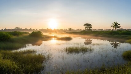 Fototapeta premium Golden light of dawn breaks over a tranquil misty wetland, reflecting the vibrant sky and creating a serene natural landscape with tall grasses and distant trees