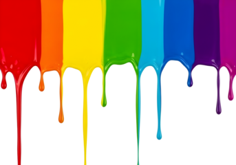 Vibrant rainbow paint drips on transparent background in colorful streaks