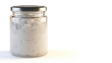 Coconut oil jar filled with creamy texture on white background with copy space
