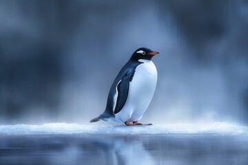 Fototapeta premium Gentle Penguin Standing on Ice with Soft Blue Background and Haze