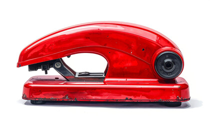 Glossy, red stapler with arched design shows wear, isolated on white background, side view