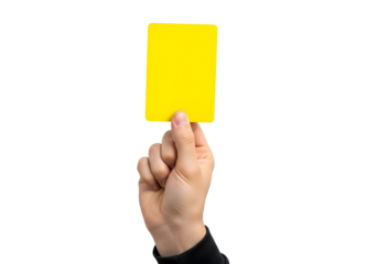Hand holding a yellow card isolated on transparent background for warning or penalty