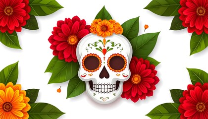 Dia de los Muertos Sugar Skull Decorated with Flowers and Leaves.