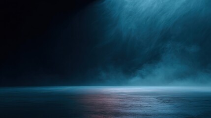 Dark background empty stage with fog and smoke covering whole scene, dark blue gray colors cinematic lighting high resolution high quality high detail for dramatic atmosphere