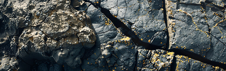 Dark rugged rock surface with yellow mineral deposits and cracks