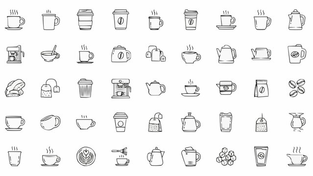 An arrangement of diverse black and white coffee and tea related container icons demonstrates beverage culture high quality