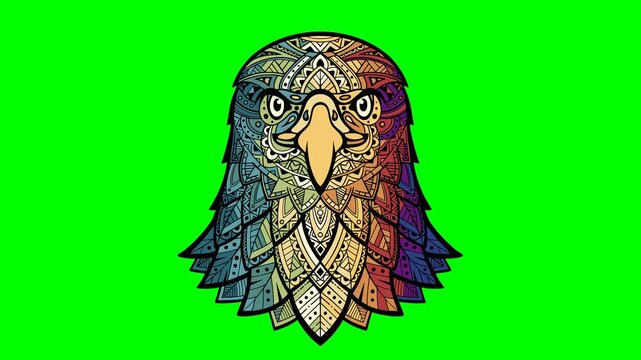 Eagle head zentangle stylized, freehand pencil, hand drawn, pattern. Zen art. Eagle. Coloring book antistress for children and adults. Animation isolated on green. 2d flat animation. Alpha channel