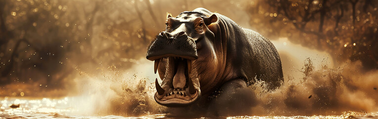 Fierce hippopotamus emerging from murky waters with aggressive expression