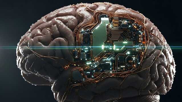 artificial intelligence brain integration of human neural networks with advanced digital circuitry symbolizing future consciousness and technological innovation - Powered by Adobe