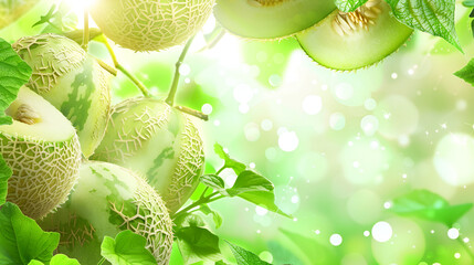 Fresh melons on vine with green leaves and bokeh background