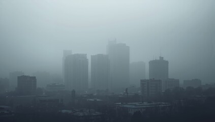 Fog Covers a City Skyline With High Buildings in the Early Morning Hours