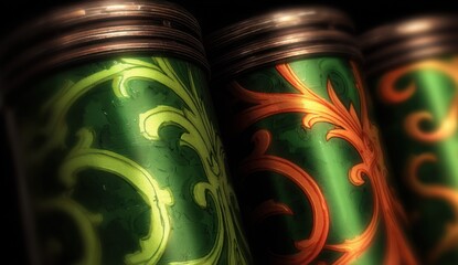 Close-up of ornate, cylindrical containers with floral designs, featuring green and gold hues