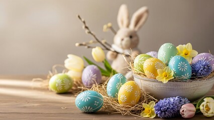 Obraz premium Festive Easter scene with colorful decorated eggs and cute rabbit toy. Spring holiday celebration and tradition for greeting card.