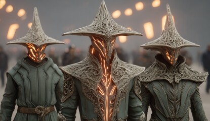 Three figures with intricate headgear and glowing facial details, standing amidst a crowd