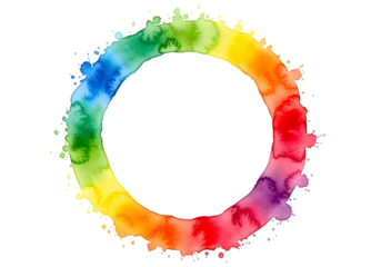 Vibrant rainbow colored watercolor circle on transparent background