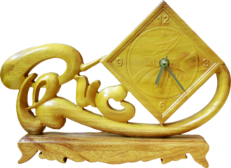 A wooden table clock with carved details on a transparent background