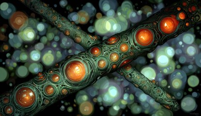 Cross-shaped, detailed bio-organic structures in a dark, bokeh-filled space