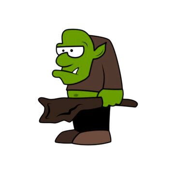 Simple Flat Style Green Orc Character Carrying a Large Wooden Club.
