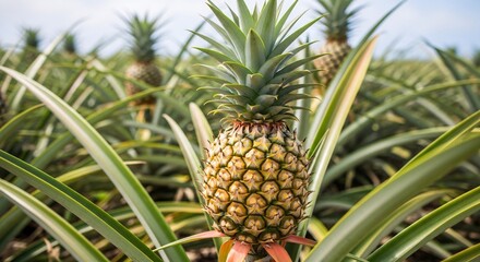 Close up of a ripe pineapple in a field with other plants in the background