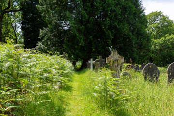 Brockenhurst, UK - May 31st 2025: Path between gravestones in St Nicholas&rsquo; Churchyard.
