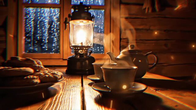 The warmth of a wooden house in the countryside with lantern light, hot tea and cookies on a snowy winter night.