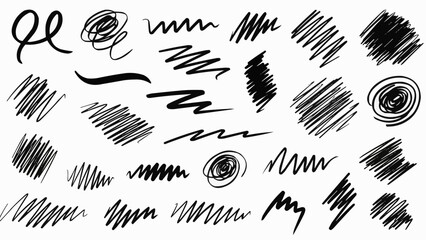 Fototapeta premium An assortment of abstract black scribbles and various hand drawn line patterns displayed against a clean white background