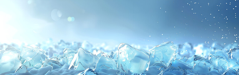 Glacial ice cubes melting under sunny blue sky with water droplets