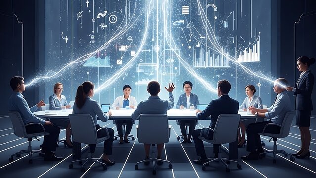 Business professionals collaborating around a futuristic table with digital projections and data visualizations in a modern office setting from a high vantage point