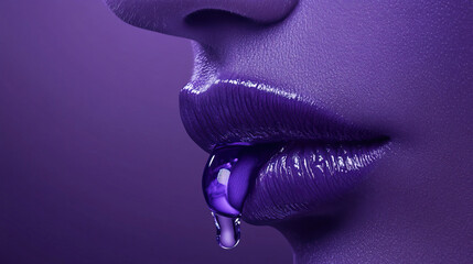 Intimate shot capturing luminous lips dripping gloss over shimmering violet complexion