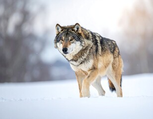 Obraz premium A solitary wolf strides confidently across a snow-covered landscape
