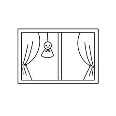 A window with a curtain and a small doll hanging from it