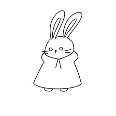 A rabbit is standing in a white background with a hood over its head