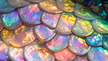 Iridescent Mermaid Scales Close-Up Texture Background.