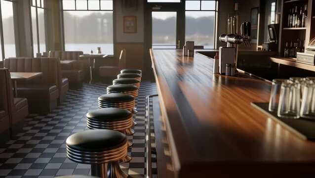 Showcasing an empty diner interior with wooden counters and stools during the day